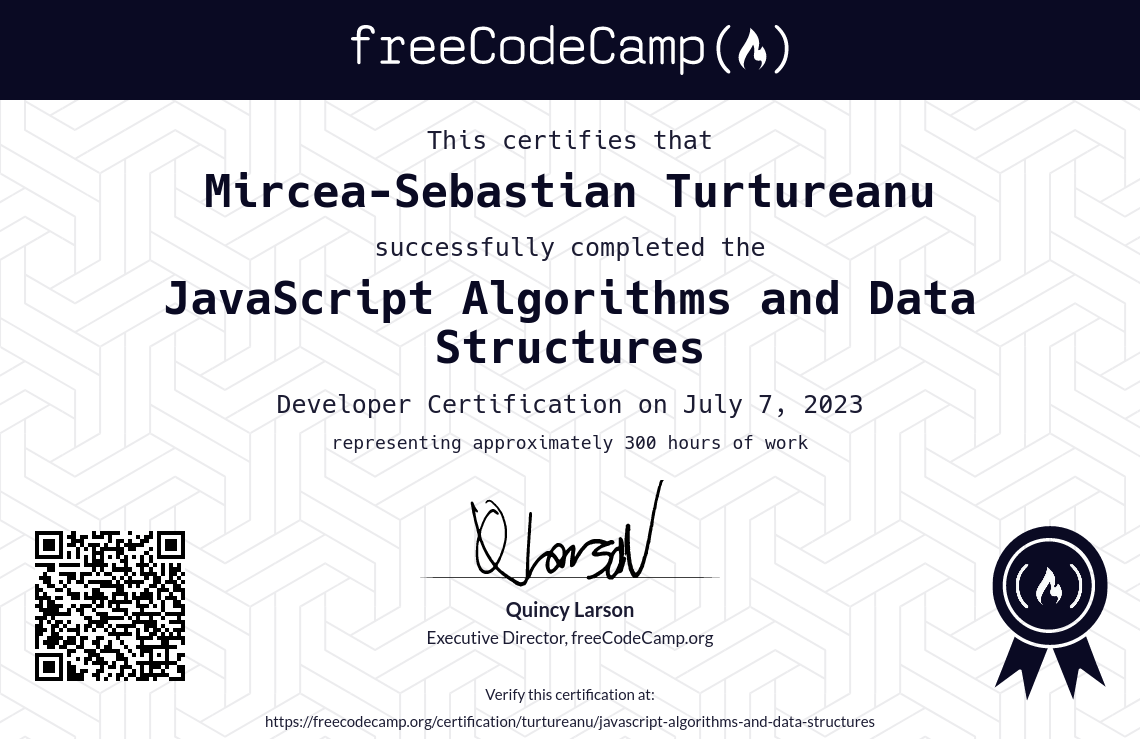 Screenshot of my FreeCodeCamp certification for JavaScript Algorithms and Data Structures