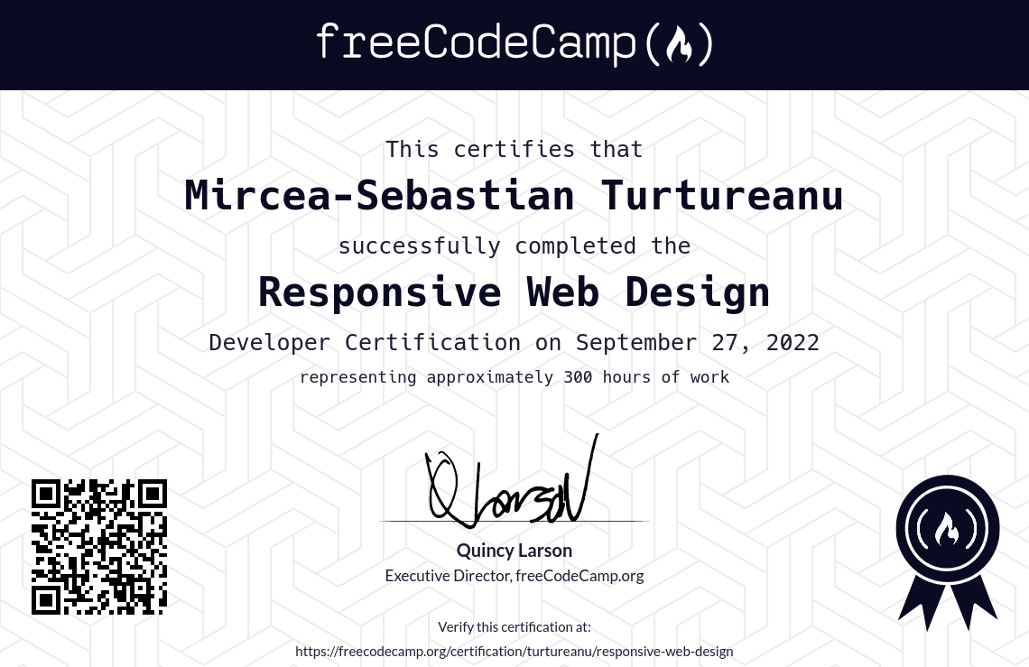 Screenshot of my FreeCodeCamp certification for Responsive Web Design