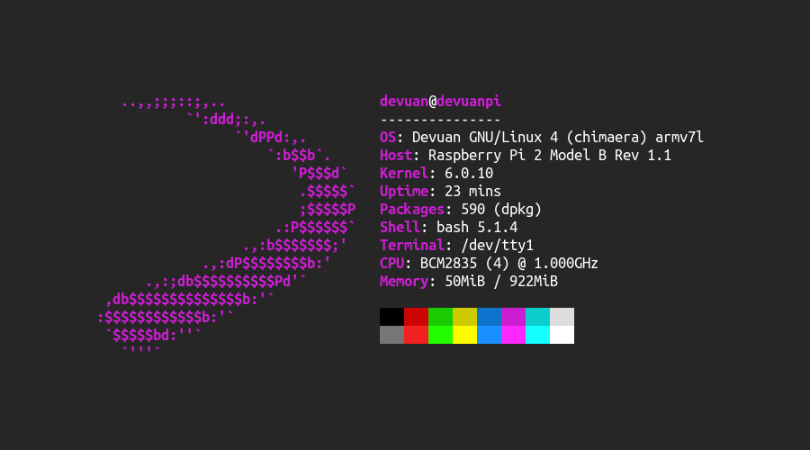 Neofetch of an overclocked Raspberry Pi 2B running Devuan with 6.0.10 kernel